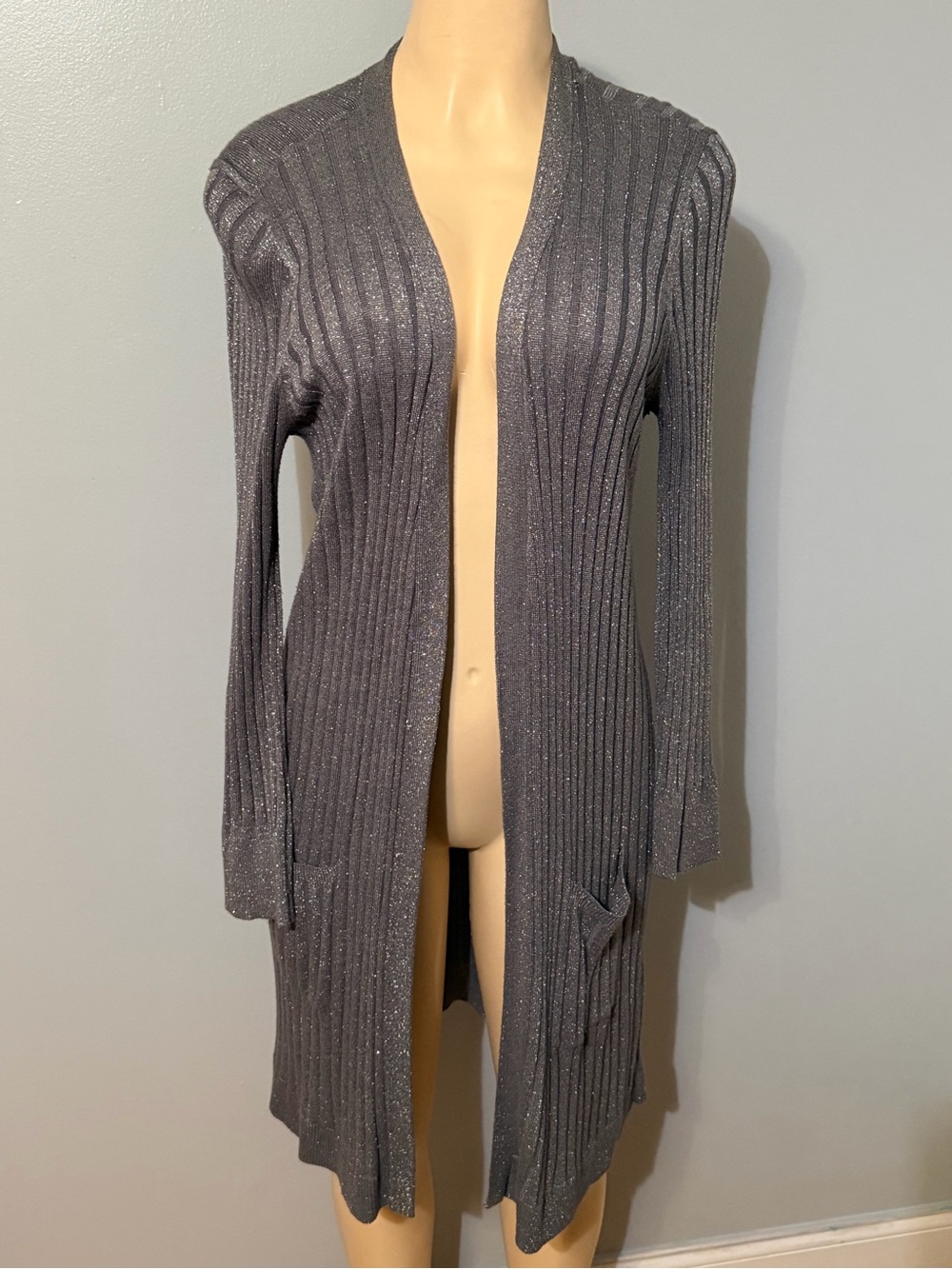 JM Collection Metallic Ribbed Open-Front Cardigan - Gray